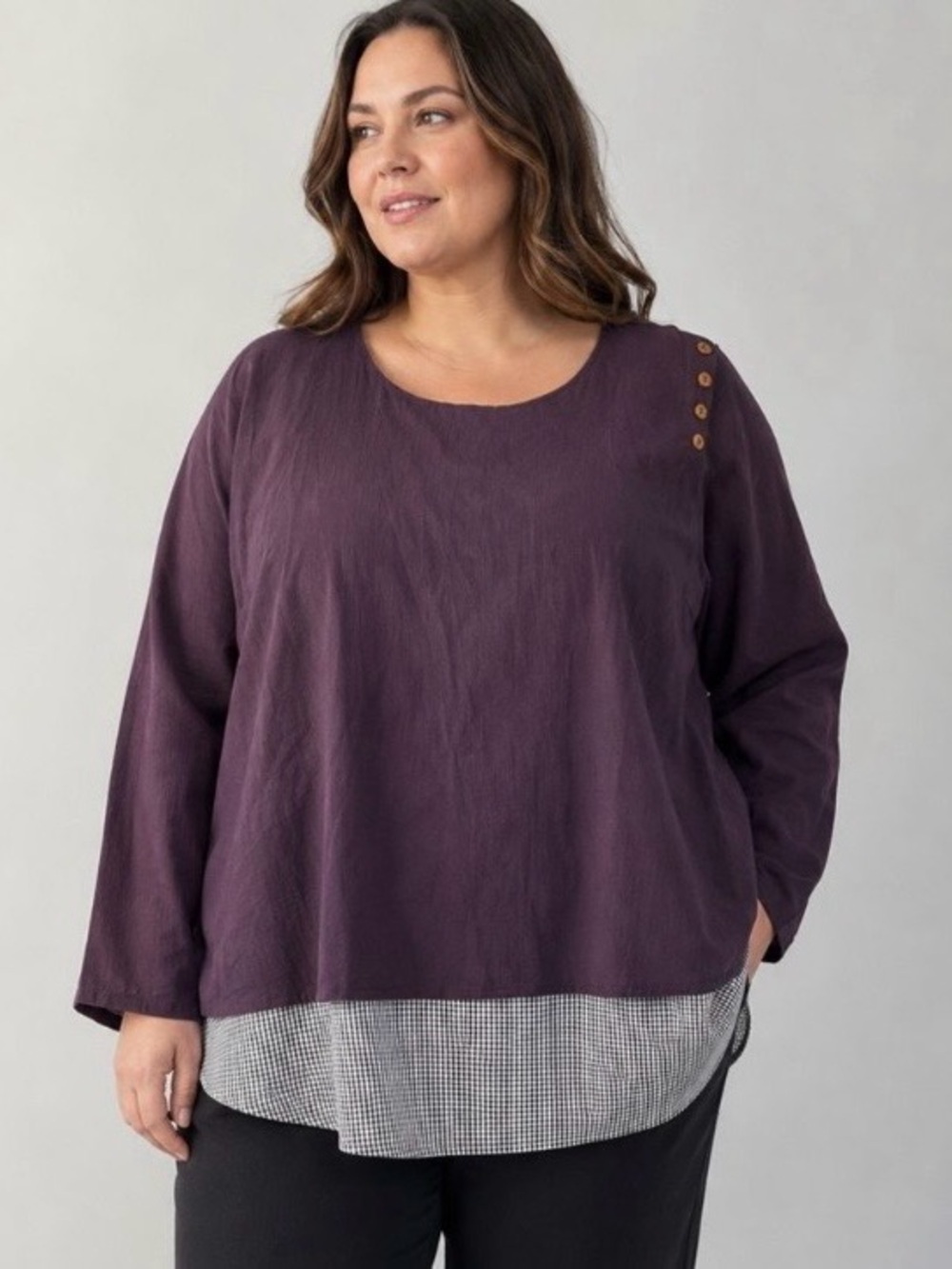 NWT!Women's Purple Long Sleeve Gingham Black & White Hem Size 5X